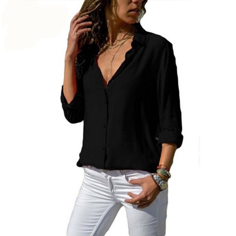 Camisa social de manga larga para mujer | Viscosa con cuello polo