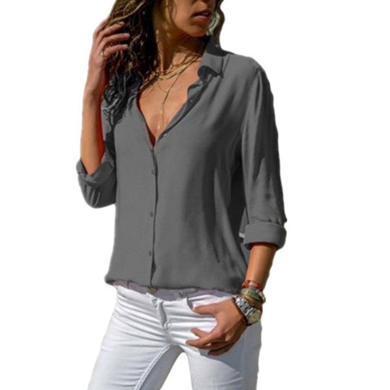 Camisa social de manga larga para mujer | Viscosa con cuello polo