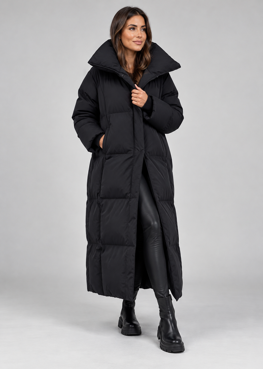 Mujer Abrigo Acolchado Largo | Cinturón Ajustable & Cuello Alto | Otoño e Invierno