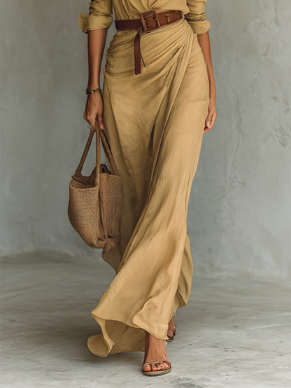 Vestido largo elegante con cinturón para mujer | Cuello camisero y botones