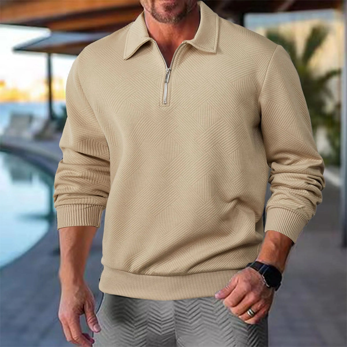 Hombre Jersey con Cremallera | Estampado Geométrico & Cuello con Solapa | Otoño e Invierno