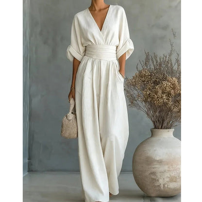 Mono elegante con escote en V y pantalón ancho para mujer