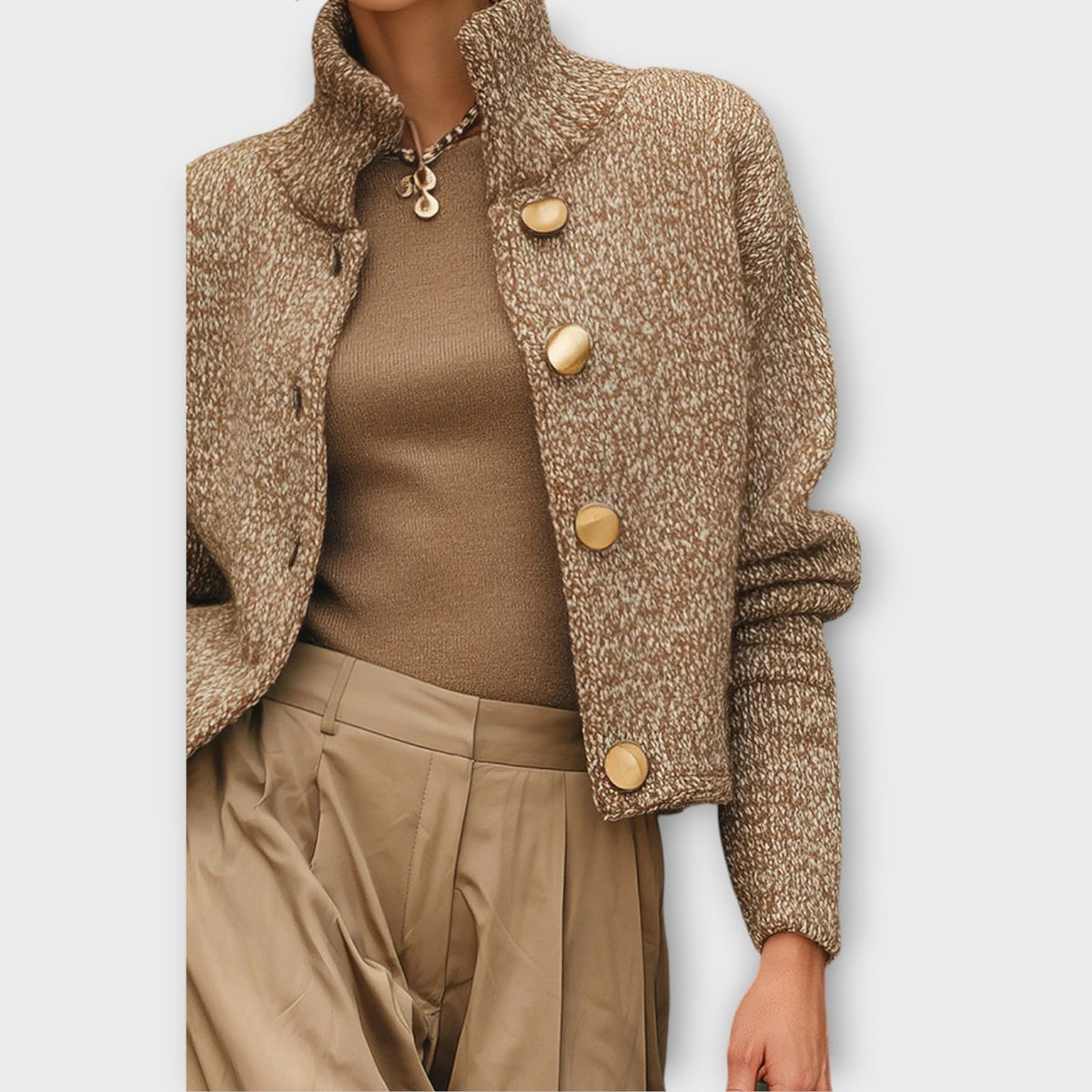 Mujer Chaqueta de Punto Texturizada | Botones Dorados & Cuello Alzado | Uso Diario