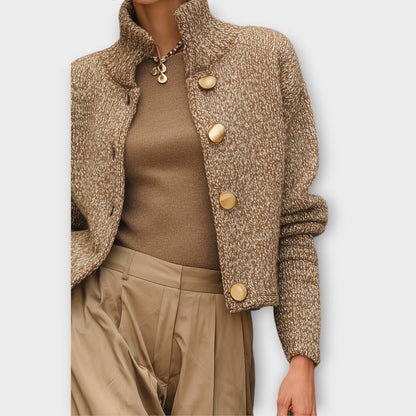 Mujer Chaqueta de Punto Texturizada | Botones Dorados & Cuello Alzado | Uso Diario