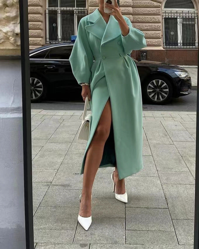 Mujer Abrigo Largo de Lana | Doble Botonadura & Cintura Entallada | Otoño e Invierno