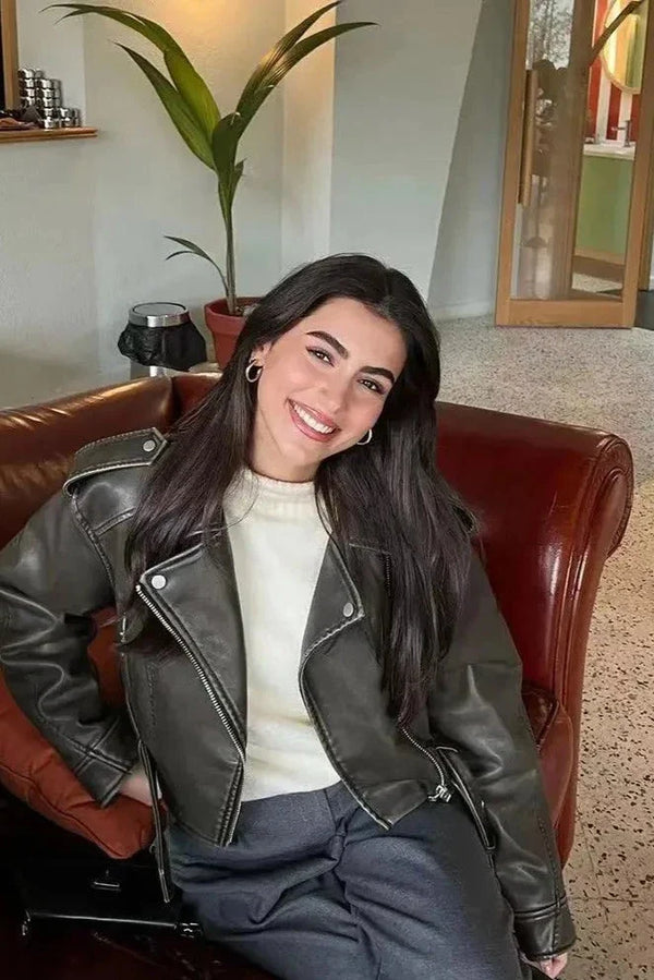 Mujer Cazadora Biker Corta | Cinturón Ajustable & Cierre de Cremallera | Uso Diario