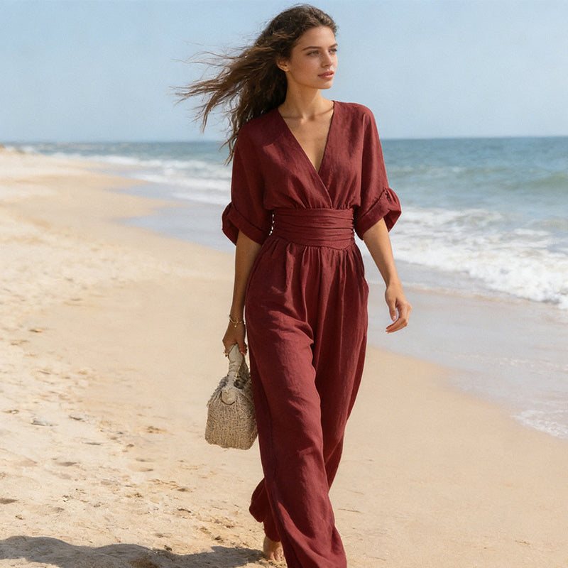 Mono elegante con escote en V y pantalón ancho para mujer
