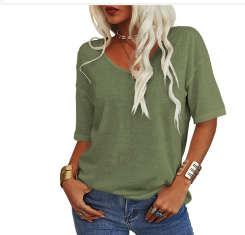 Camiseta amplia de verano con cuello en U para mujer | Mezcla de algodón y lino
