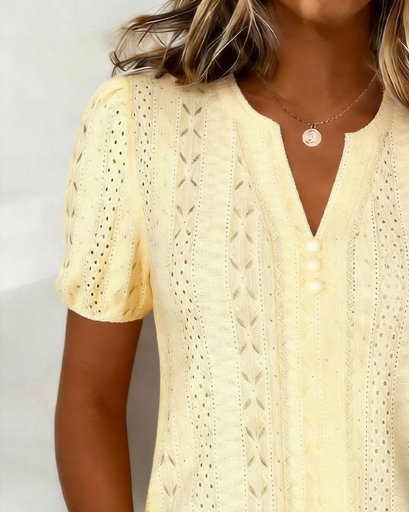 Blusa elegante con escote en V, botones de perla y mangas abullonadas | Mezcla de algodón