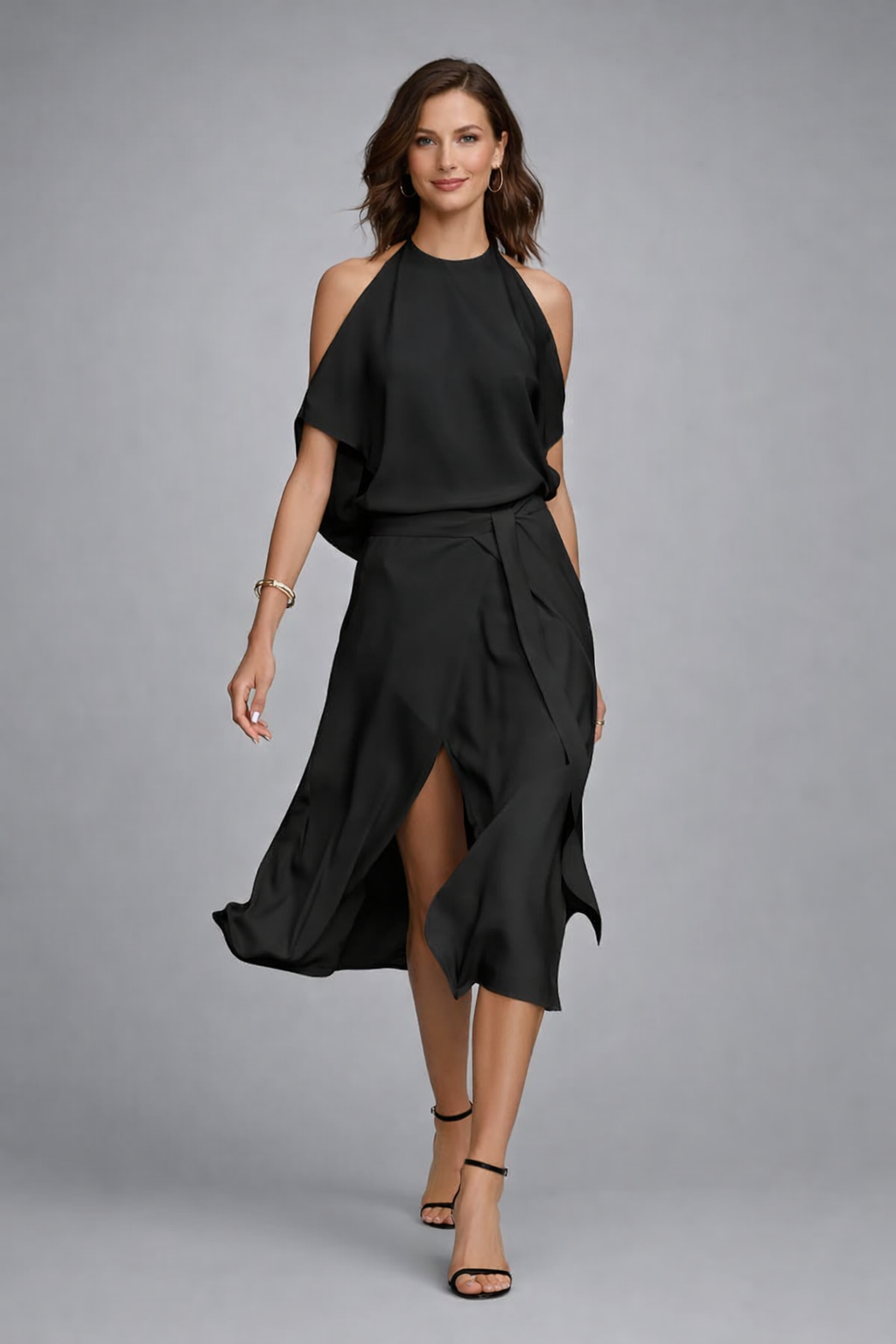 Vestido midi elegante con hombros descubiertos | Mezcla de algodón y elastano