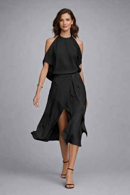 Vestido midi elegante con hombros descubiertos | Mezcla de algodón y elastano