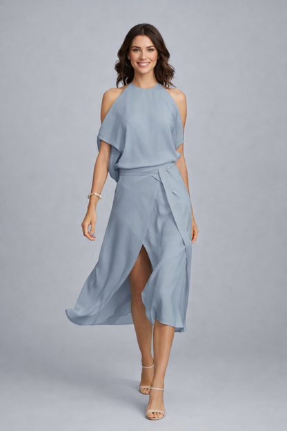 Vestido midi elegante con hombros descubiertos | Mezcla de algodón y elastano