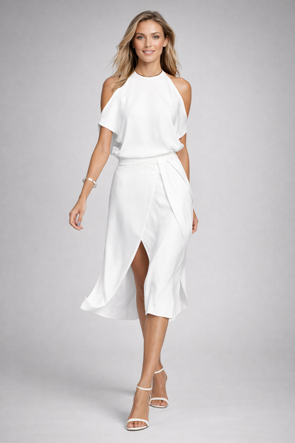 Vestido midi elegante con hombros descubiertos | Mezcla de algodón y elastano