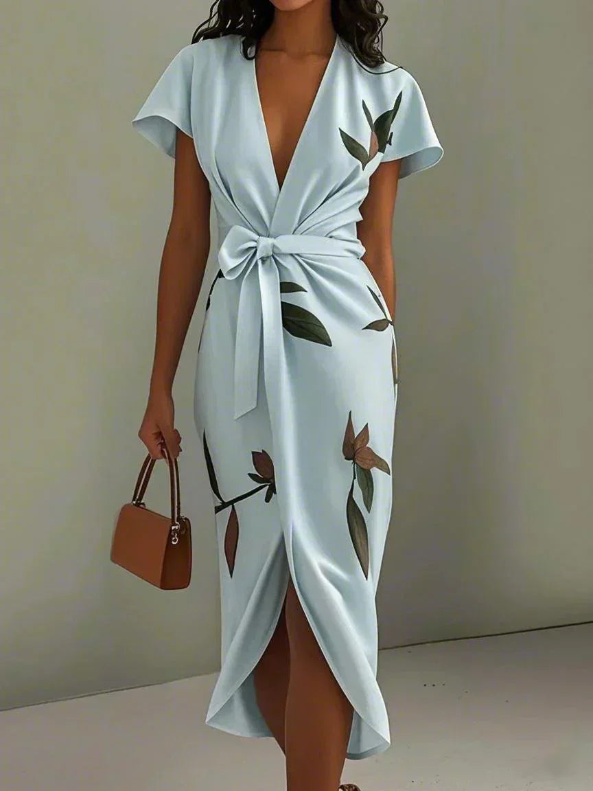 Elegante vestido cruzado estampado floral | Manga corta con volantes