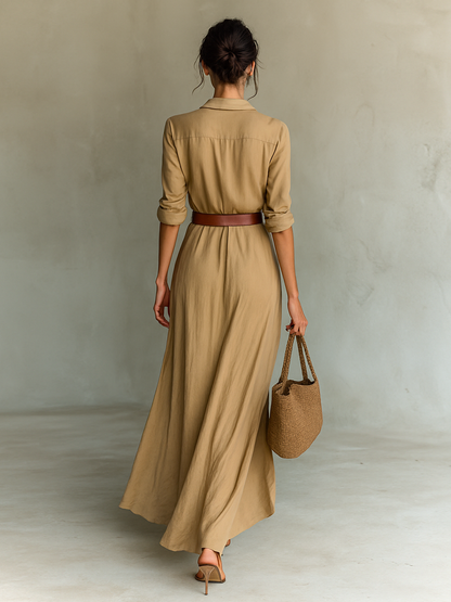 Vestido largo elegante con cinturón para mujer | Cuello camisero y botones
