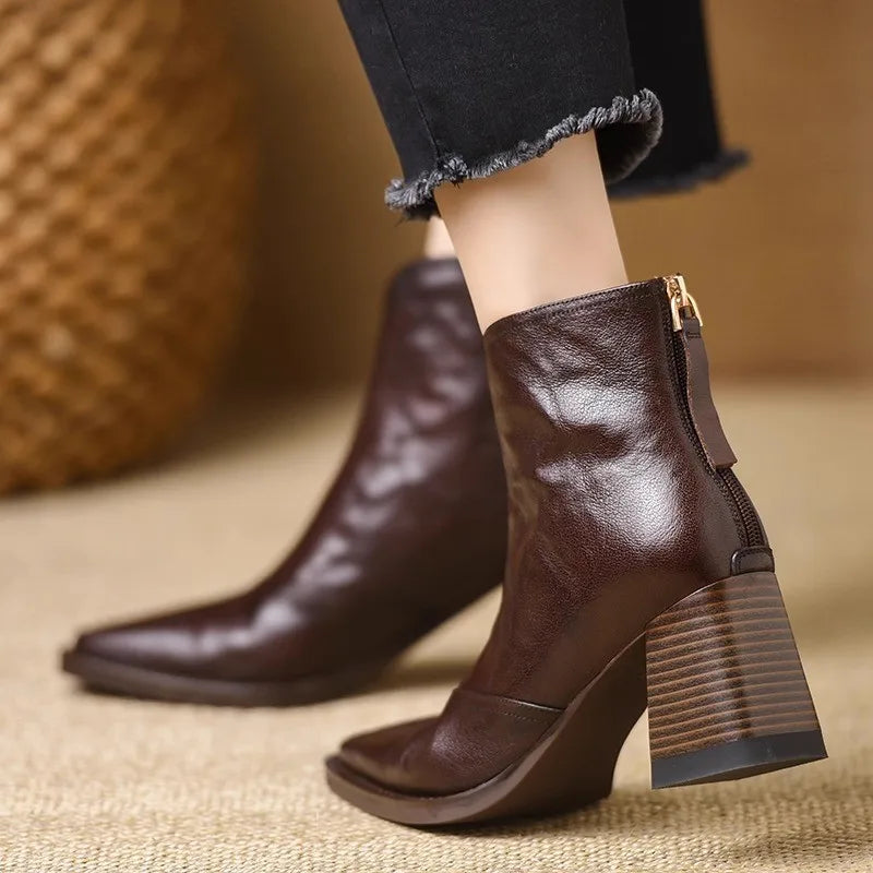 Mujer Botines de Piel | Corte en V & Tacón Ancho | Uso Diario