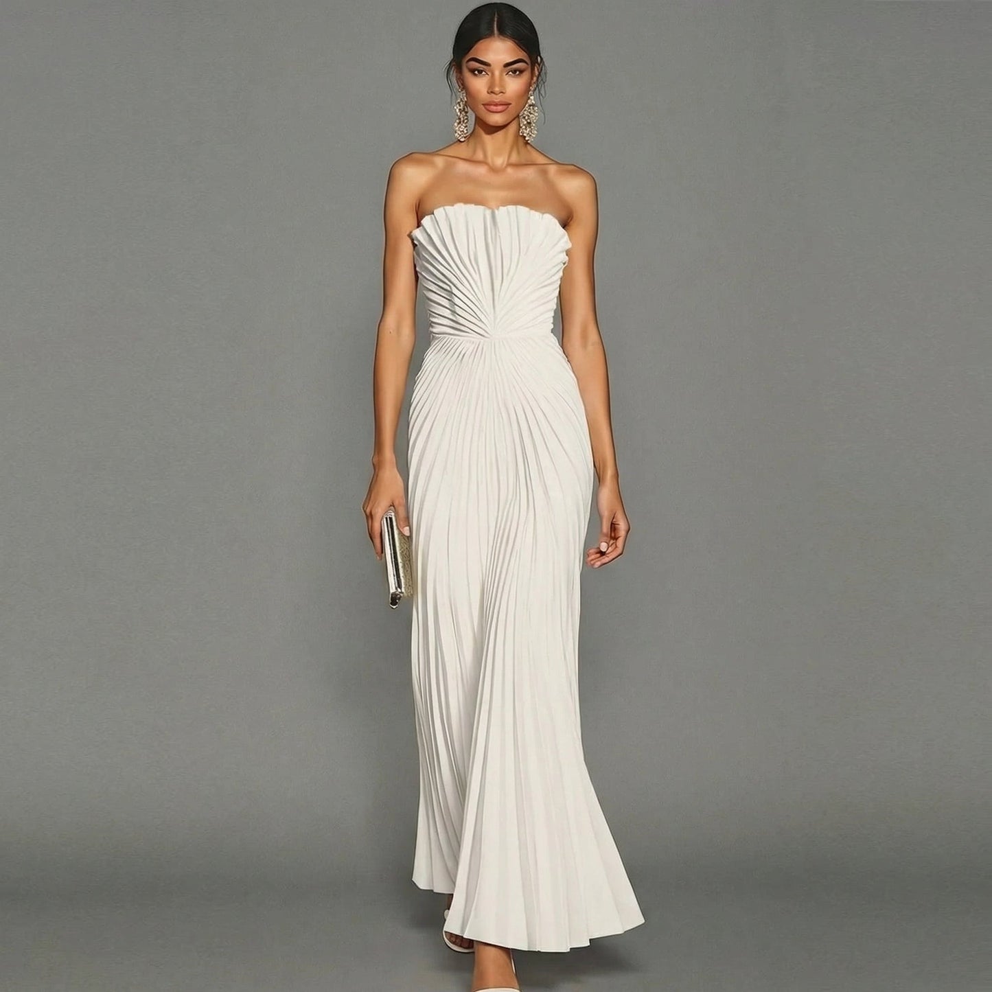 Vestido largo plisado sin tirantes para ceremonia | Blanco