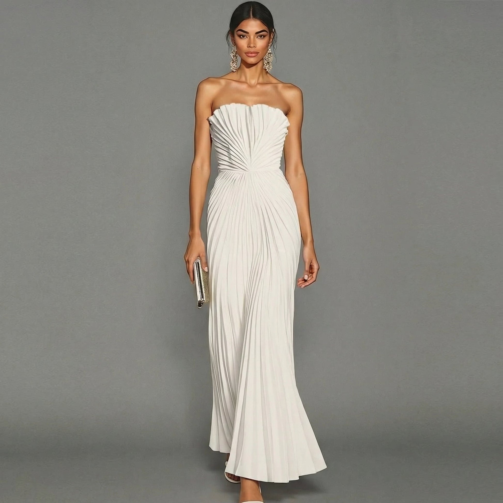 Vestido largo plisado sin tirantes para ceremonia | Blanco