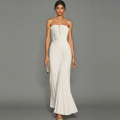Vestido largo plisado sin tirantes para ceremonia | Blanco