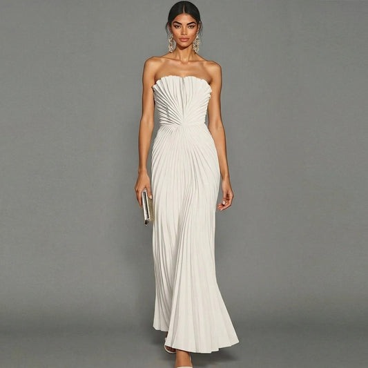 Vestido largo plisado sin tirantes para ceremonia | Blanco