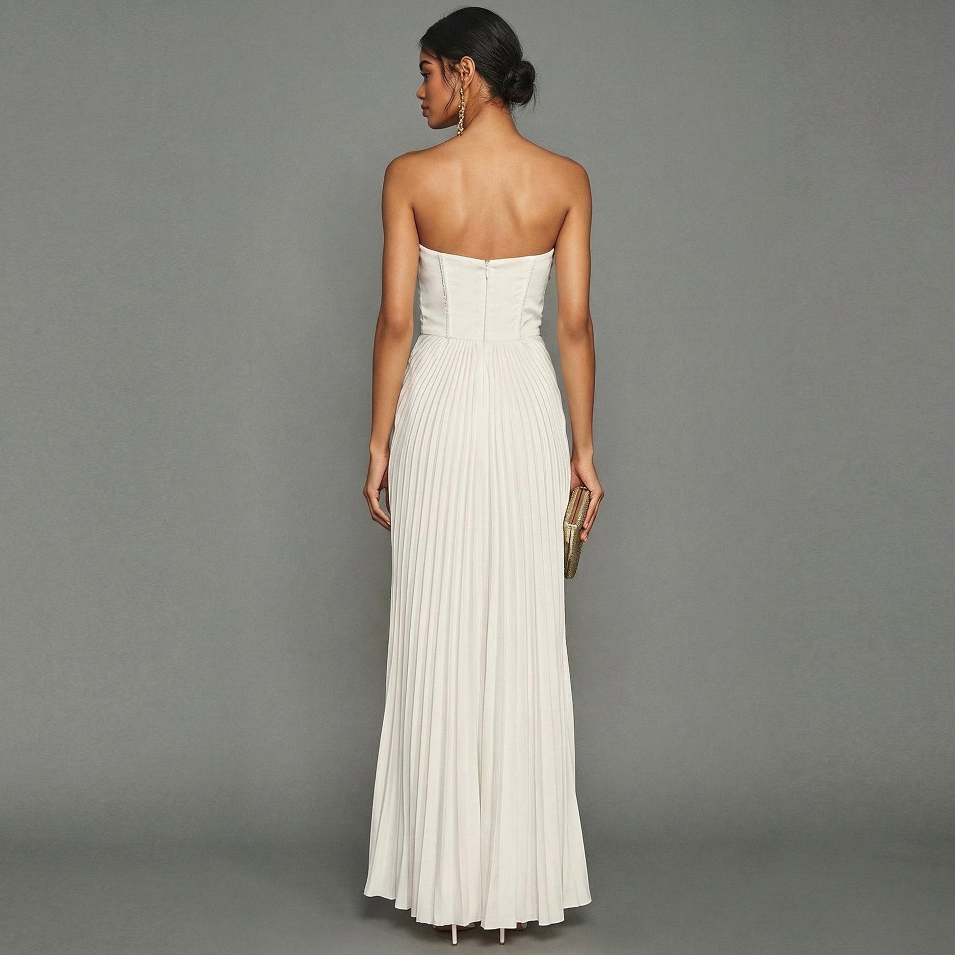 Vestido largo plisado sin tirantes para ceremonia | Blanco