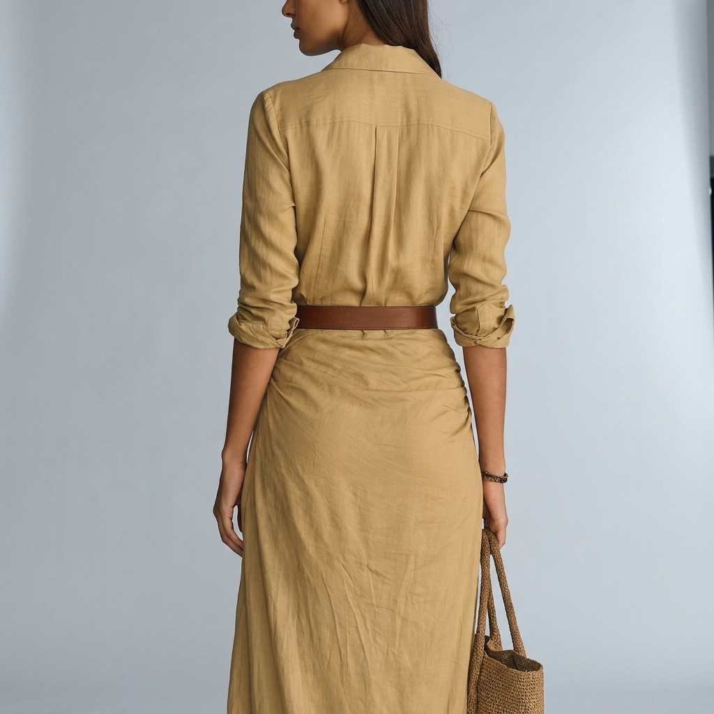Vestido largo elegante con cinturón para mujer | Cuello camisero y botones