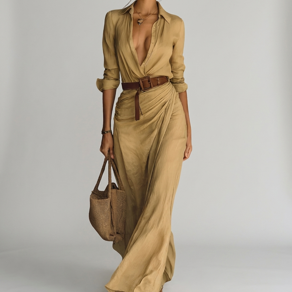 Vestido largo elegante con cinturón para mujer | Cuello camisero y botones