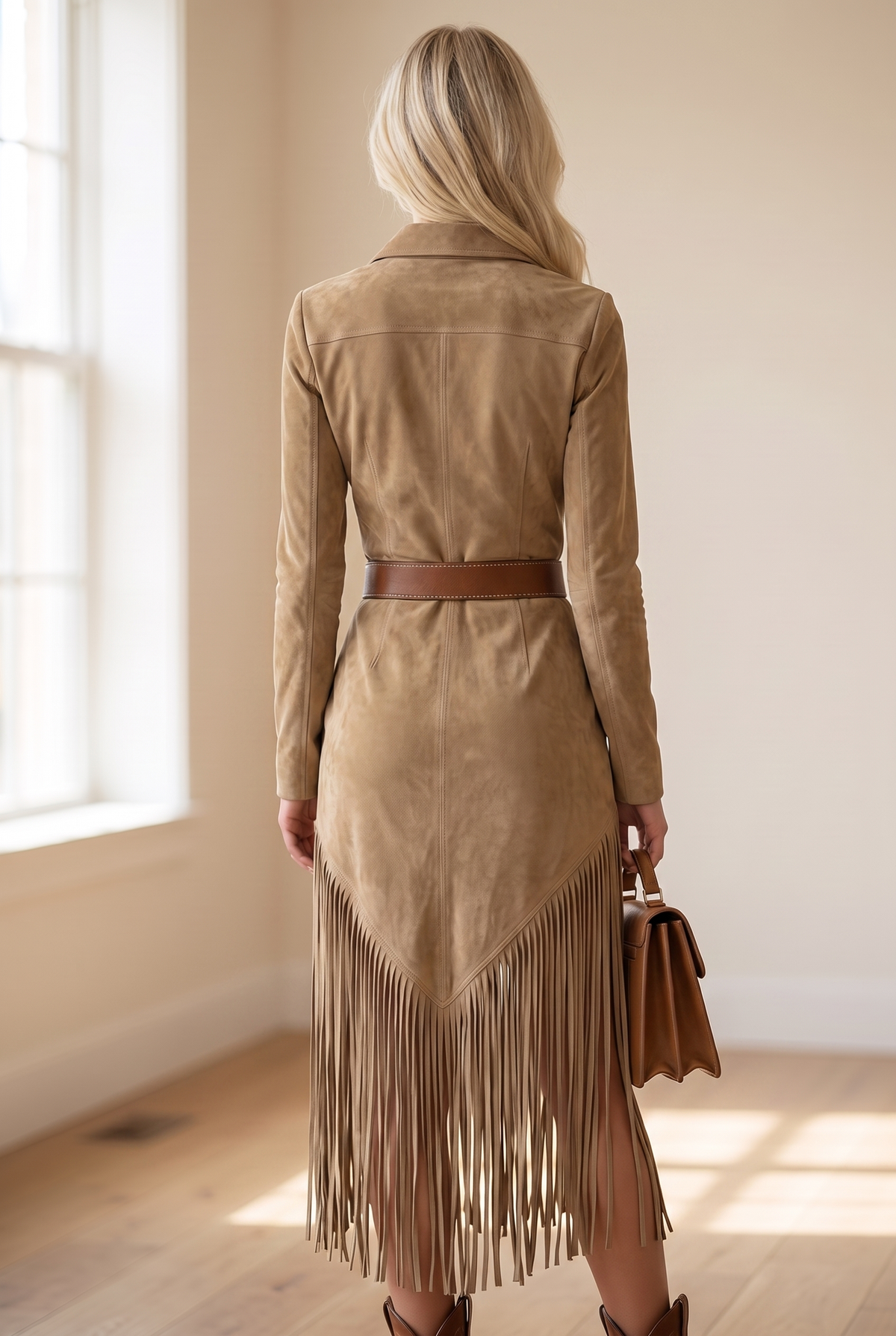 Mujer Vestido Corto de Antelina con Flecos | Falda con Flecos & Escote Limpio | Otoño e Invierno