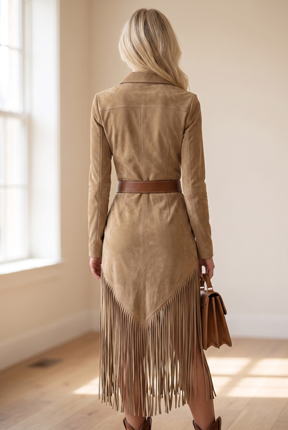 Mujer Vestido Corto de Antelina con Flecos | Falda con Flecos & Escote Limpio | Otoño e Invierno