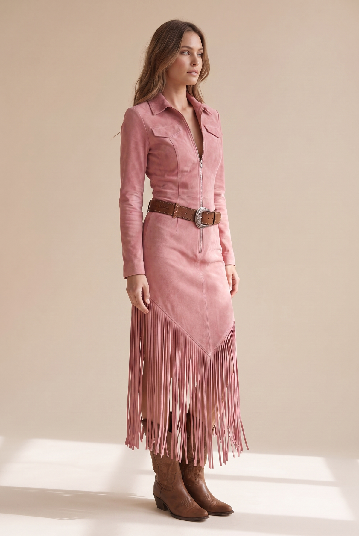 Mujer Vestido Corto de Antelina con Flecos | Falda con Flecos & Escote Limpio | Otoño e Invierno