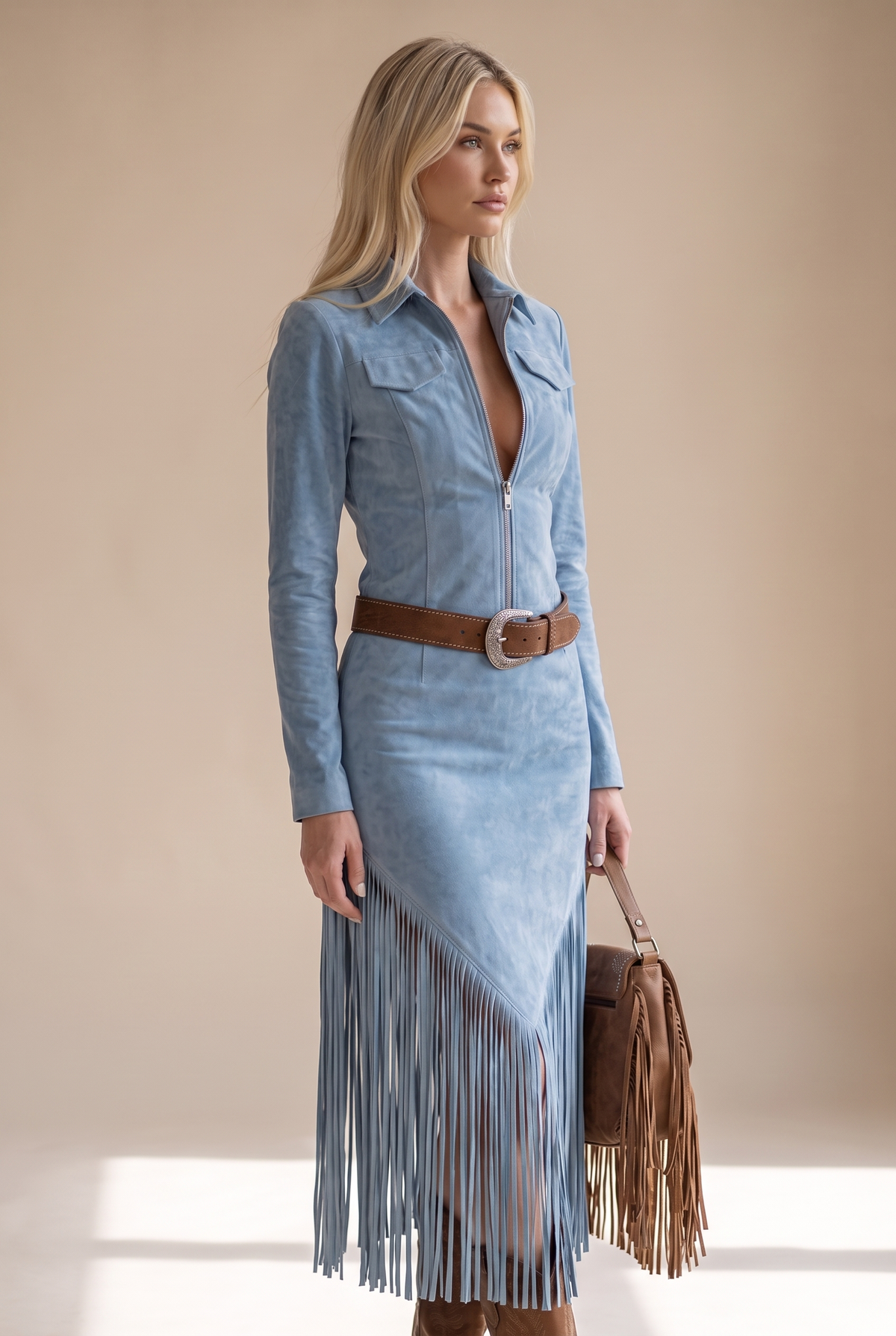 Mujer Vestido Corto de Antelina con Flecos | Falda con Flecos & Escote Limpio | Otoño e Invierno