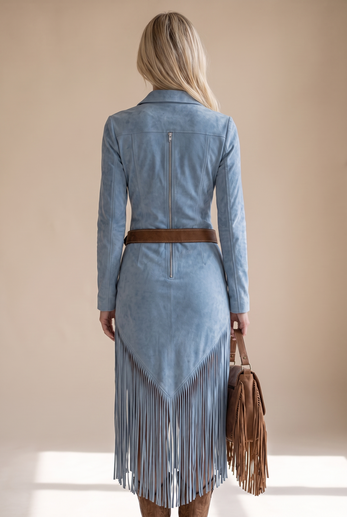 Mujer Vestido Corto de Antelina con Flecos | Falda con Flecos & Escote Limpio | Otoño e Invierno