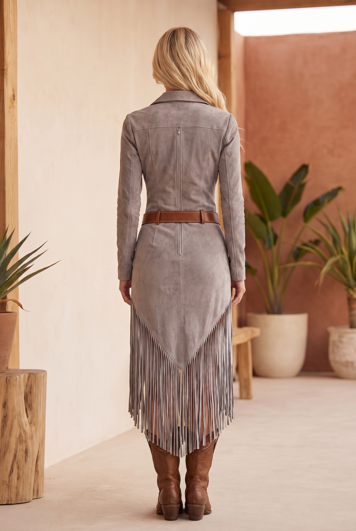 Mujer Vestido Corto de Antelina con Flecos | Falda con Flecos & Escote Limpio | Otoño e Invierno