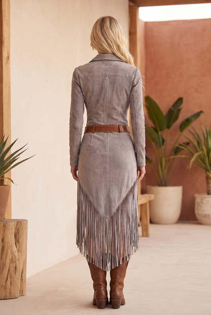 Mujer Vestido Corto de Antelina con Flecos | Falda con Flecos & Escote Limpio | Otoño e Invierno