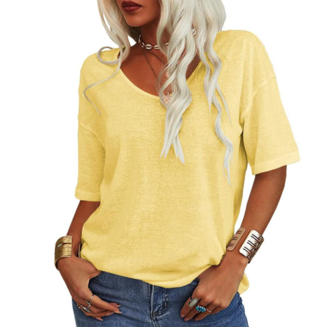 Camiseta amplia de verano con cuello en U para mujer | Mezcla de algodón y lino
