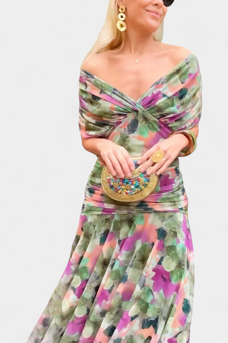 Elegante vestido largo con escote palabra de honor | Falda fluida