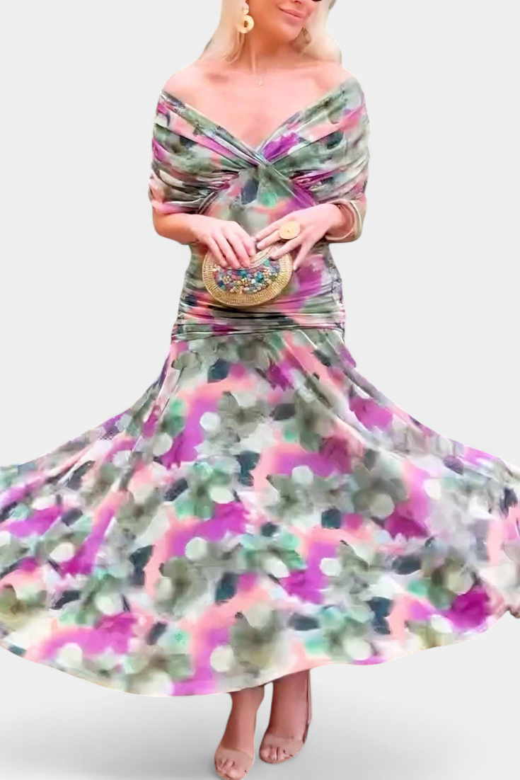 Elegante vestido largo con escote palabra de honor | Falda fluida
