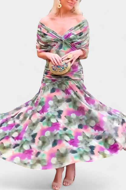Elegante vestido largo con escote palabra de honor | Falda fluida