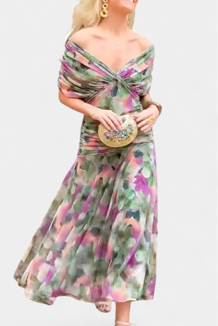 Elegante vestido largo con escote palabra de honor | Falda fluida