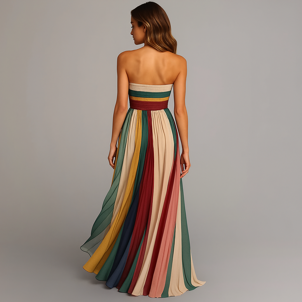 Vestido largo sin tirantes con plisado colorido | Modelo de verano para mujer