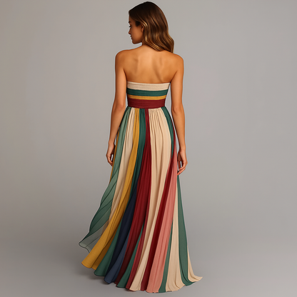 Vestido largo sin tirantes con plisado colorido | Modelo de verano para mujer