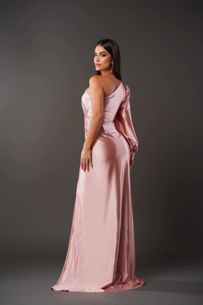 Vestido elegante de un hombro con abertura lateral | Cetim fluido