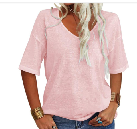 Camiseta amplia de verano con cuello en U para mujer | Mezcla de algodón y lino