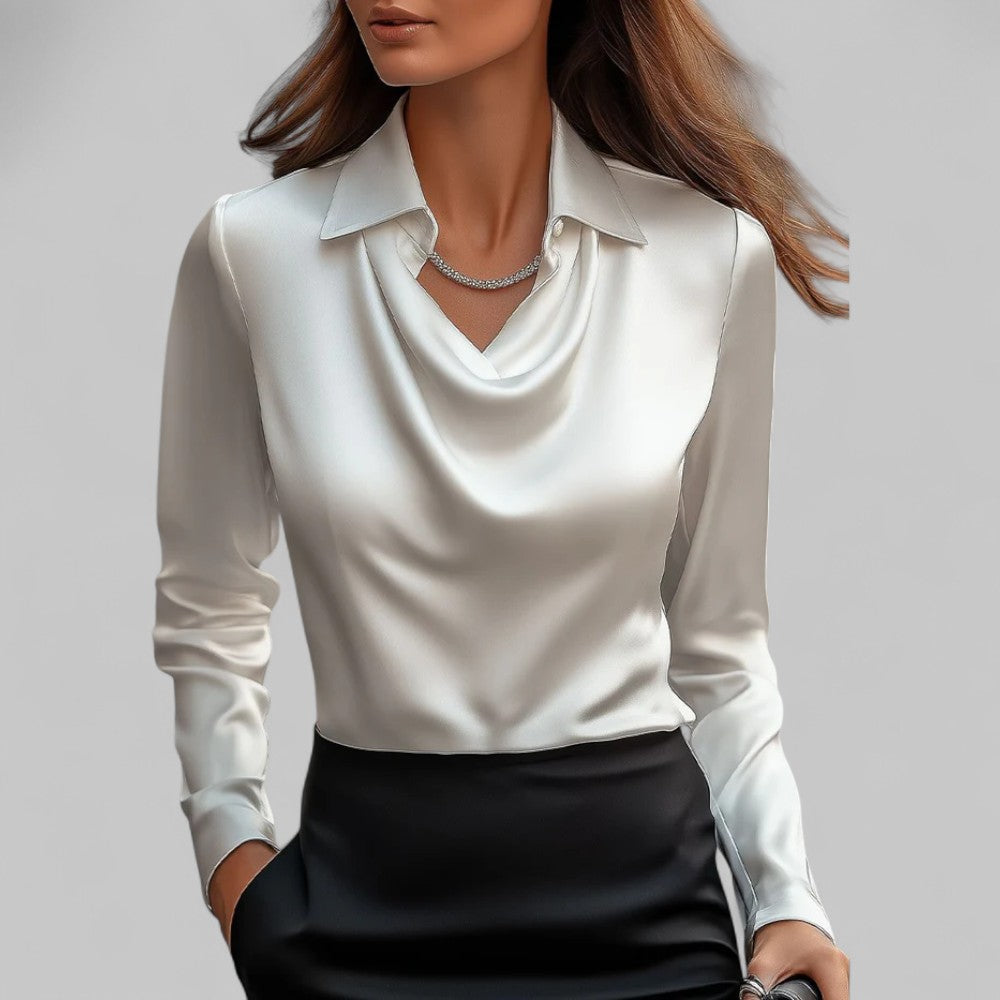Elegante blusa satinada con cuello de cascada para mujer | Corte fluido