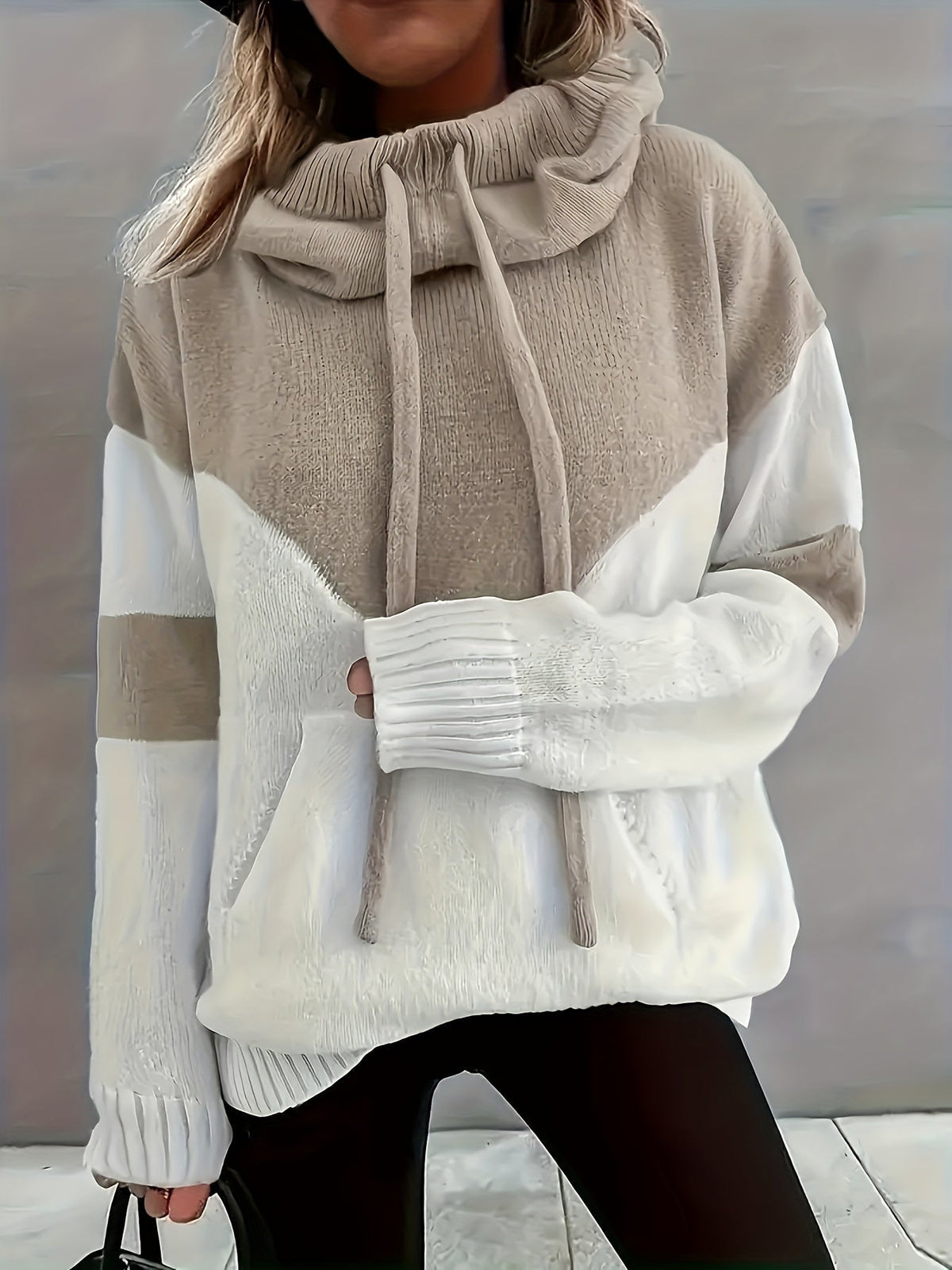 Mujer Sudadera con Capucha de Punto | Colorblock & Cordón Ajustable | Uso Diario