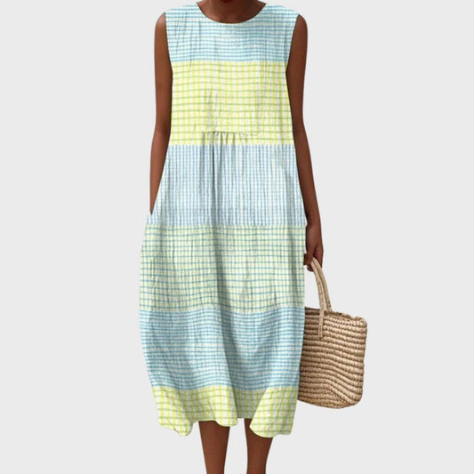 Vestido midi sin mangas de lino con vuelo | Estampado de cuadros