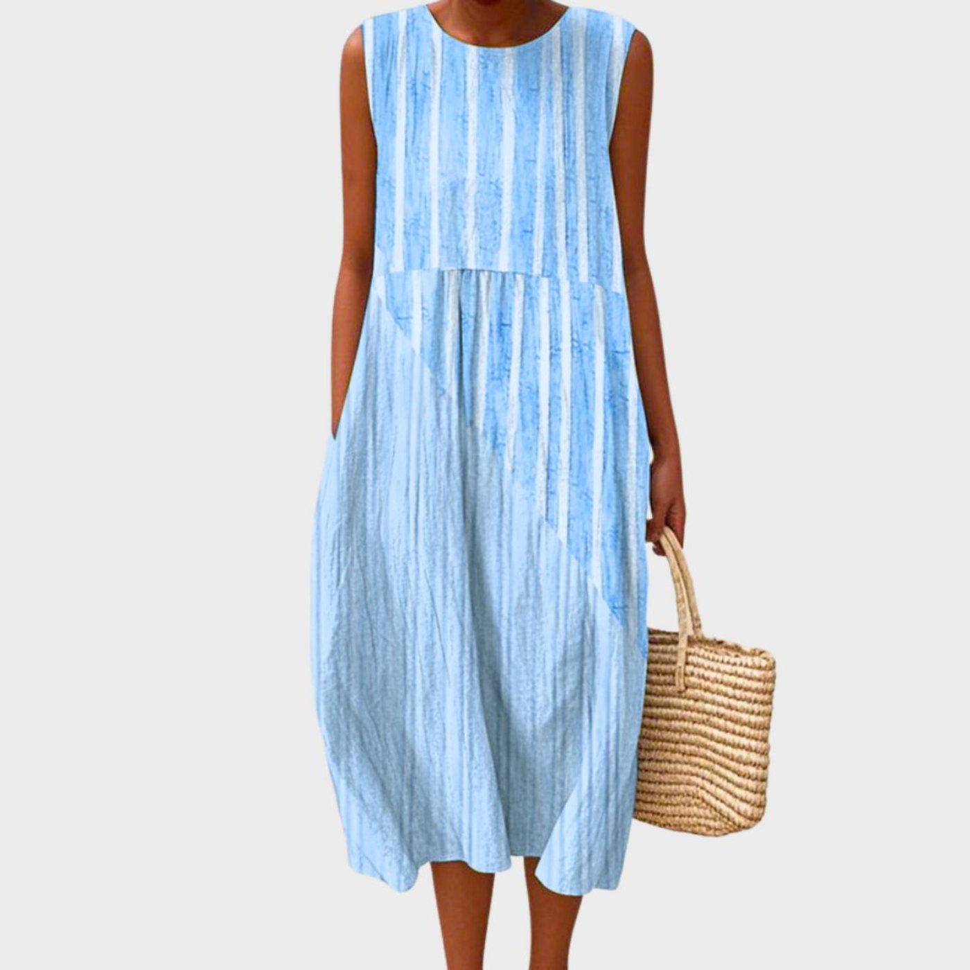 Vestido midi sin mangas de lino con vuelo | Estampado de cuadros