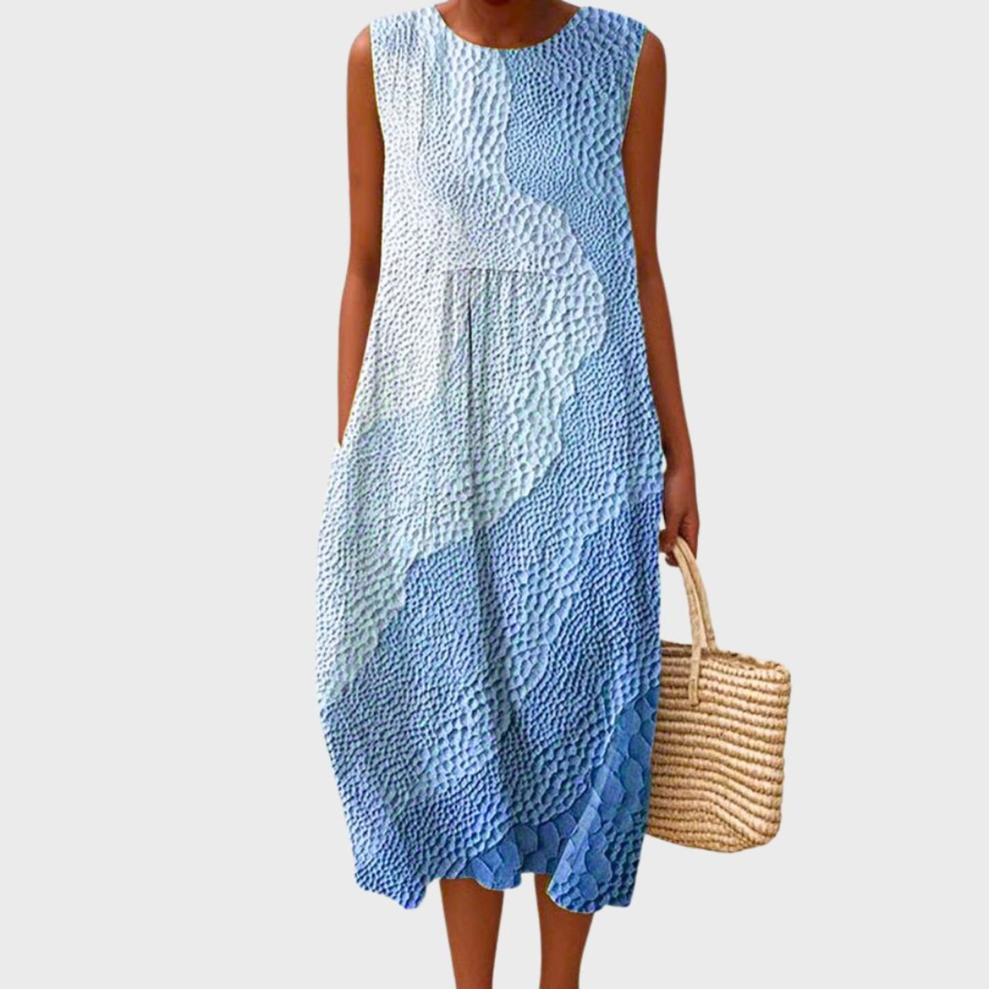 Vestido midi sin mangas de lino con vuelo | Estampado de cuadros