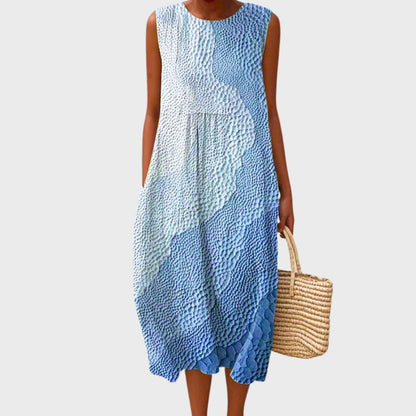 Vestido midi sin mangas de lino con vuelo | Estampado de cuadros