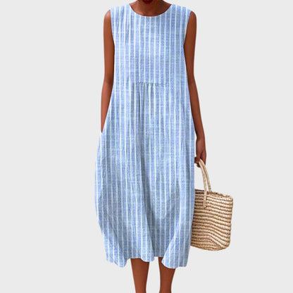 Vestido midi sin mangas de lino con vuelo | Estampado de cuadros
